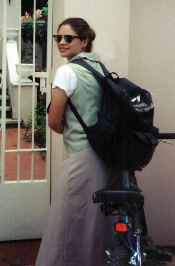 missionary biking in a skirt