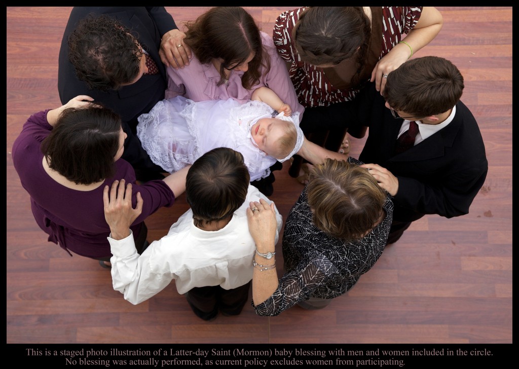 Staged LDS (Mormon) Baby Blessing with Men and Women in the Circle