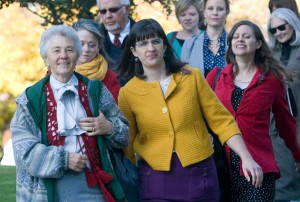 Ordain Women supporters walk to the priesthood session