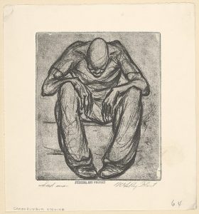 LeRoy Walter Flint (American, Ashtabula, Ohio 1909–1991 Akron, Ohio) Sad Man, 1935–43 American, Carborundum Etching; plate: 4 1/2 x 4 in. (11.5 x 10 cm) sheet: 6 1/4 x 5 3/4 in. (16 x 14.5 cm) The Metropolitan Museum of Art, New York, Gift of the Work Projects Administration, Board of Education, Cleveland, Ohio, 1943 (43.29.3) http://www.metmuseum.org/Collections/search-the-collections/374686