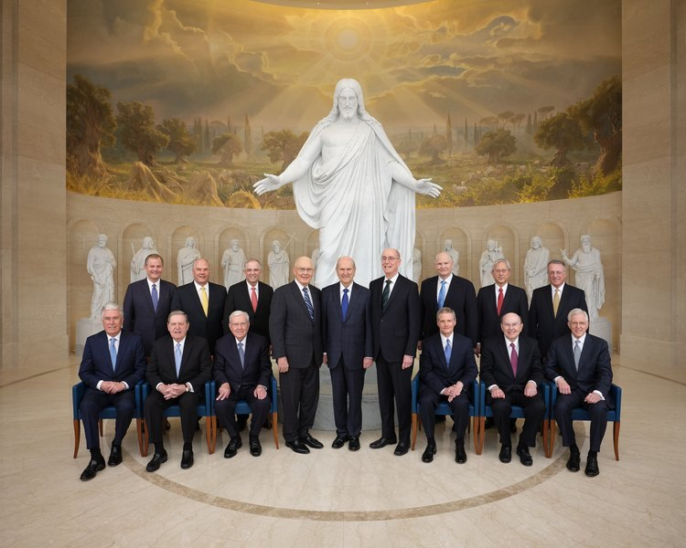 Image of the Quorum of the Twelve and the First Presidency at in front of the Christus Statue at the Rome Temple.