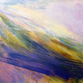 Below Mid Hill, Luss is an abstract painting by Keith Salmon, a visually impaired artist. Various shades and intensities of pinks, blues, greens, and yellows are blended together in a diagonal pattern.