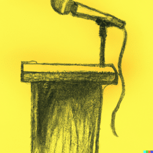 Crayon drawing of a podium and microphone in profile