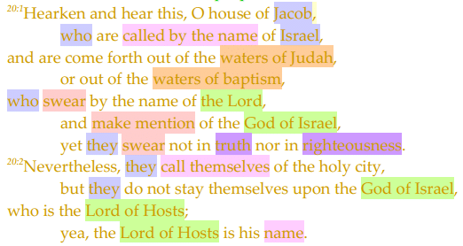 Hearken and hear this, O house of Jacob,
who are called by the name of Israel,
and are come forth out of the waters of Judah,
or out of the waters of baptism,
who swear by the name of the Lord,
and make mention of the God of Israel,
yet they swear not in truth nor in righteousness.
20:2Nevertheless, they call themselves of the holy city,
but they do not stay themselves upon the God of Israel,
who is the Lord of Hosts;
yea, the Lord of Hosts is his name