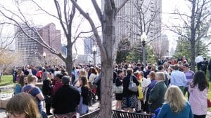 April 5, 2014 Ordain Women Action, large gathering at City Creek Park in preparation for walking to the Tabernacle to ask for entrance into the Priesthood Session of General Conference.