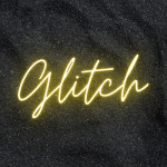 "glitch" in gold lettering on black sand