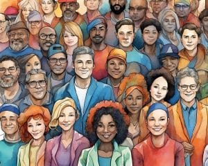 illustration of visibly diverse group of people of different races, genders, and ages