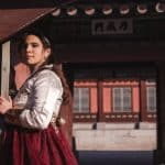 Blogger posing in traditional Korean dress at a Korean traditional palace