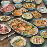 This watercolor-style illustration shows three-quarter view of a potluck buffet table with assorted dishes.