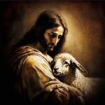 In sepia tones, Jesus Christ holding one sheep to his chest gently while looking down at it