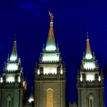 The spires of the Salt Lake Temple at night