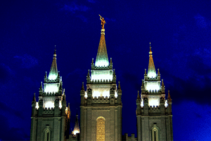 The spires of the Salt Lake Temple at night