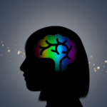 A dark background with a silhouette of a woman with short hair in the center. Her brain is lit up with rainbow colors, demonstrating neurodivergence.