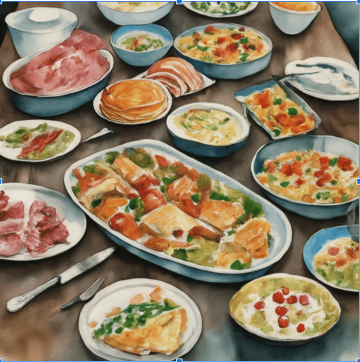 This watercolor-style illustration shows three-quarter view of a potluck buffet table with assorted dishes.